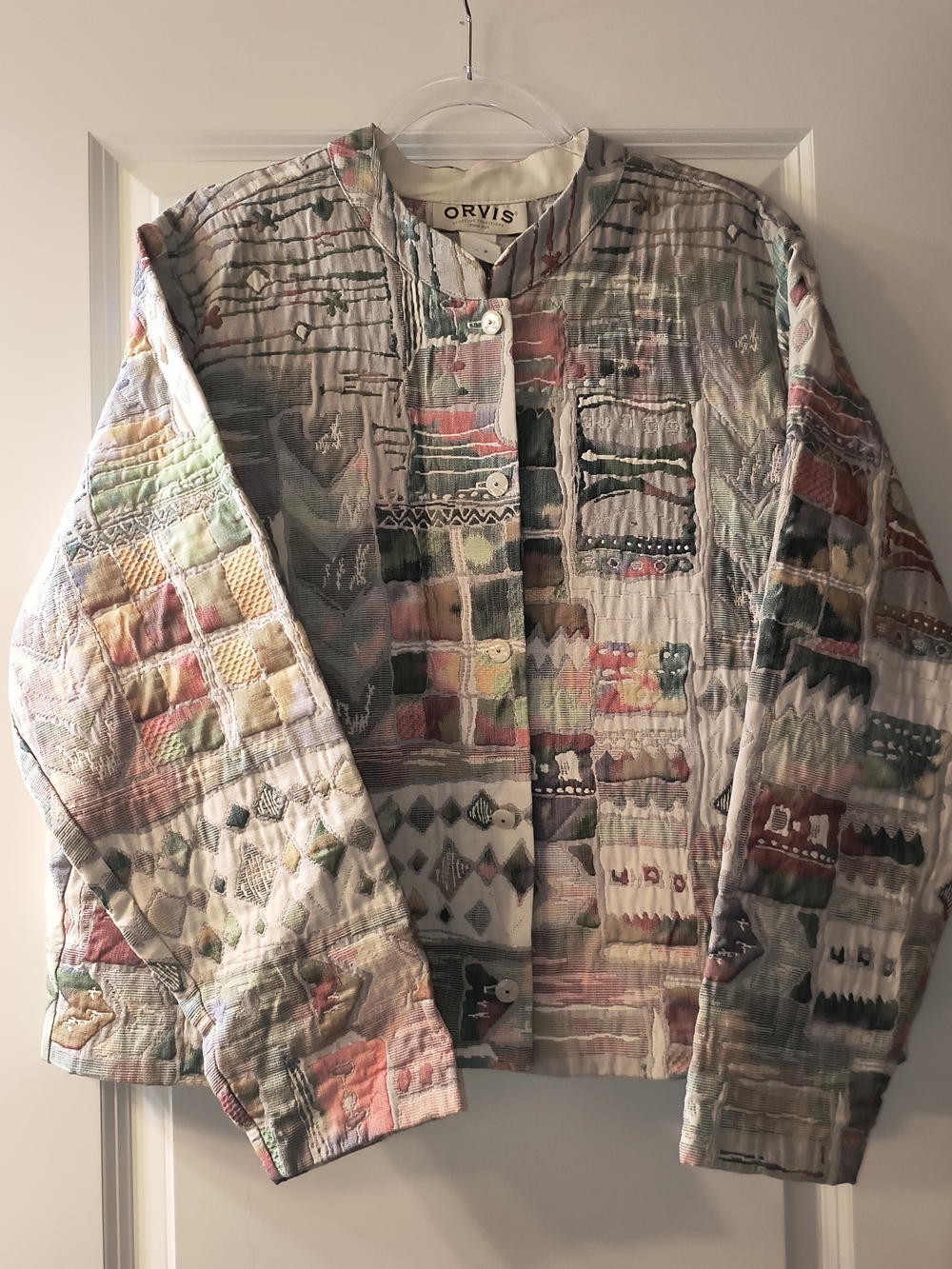 Vintage ORVIS Tapestry Patchwork Quilted Jacket Women’s XL Artsy Boho Collarless